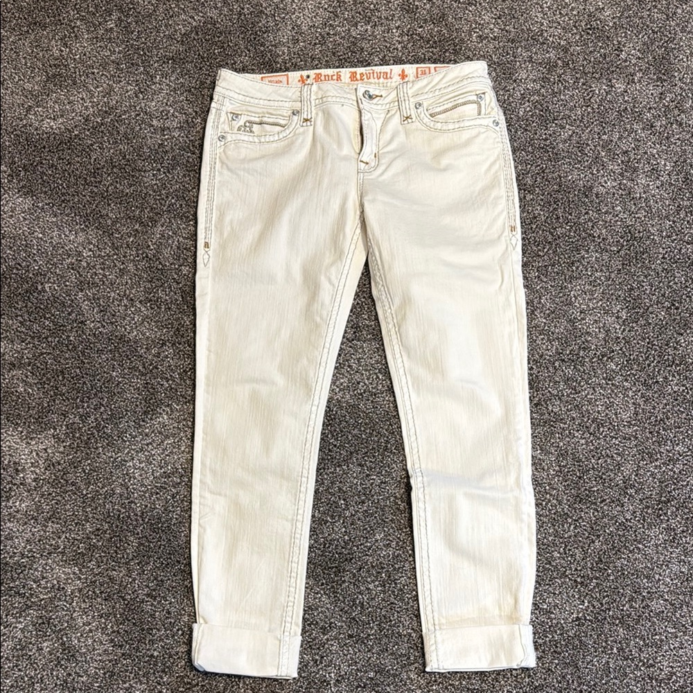Rock Revival Cream Ankle Cropped Jeans